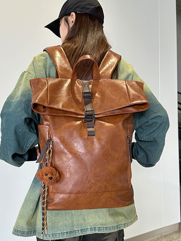 Leather Work Womens Backpack - Avrupa-Amerikan Vintage Rulo Üstlü Sırt Çantası