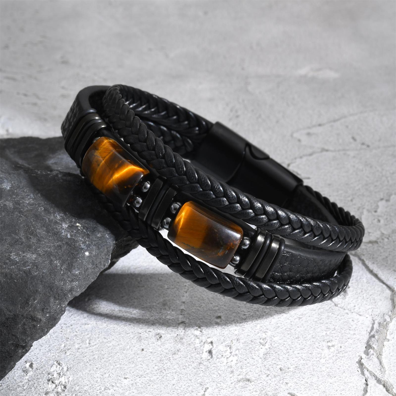Leatherwork Logo - Erkekler Örgülü Deri Bileklik Kaplan Gözü